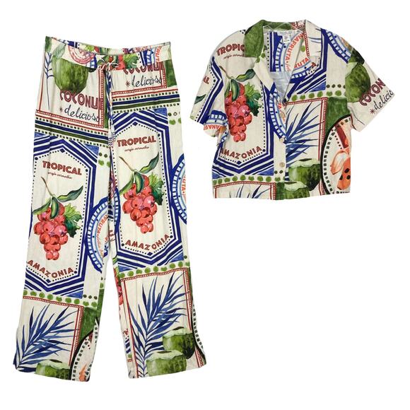 Nwot RACHEL ZOE Set Medium Linen Tropical-Art Beaded-Tassels Wooden-Btn Wide-Leg